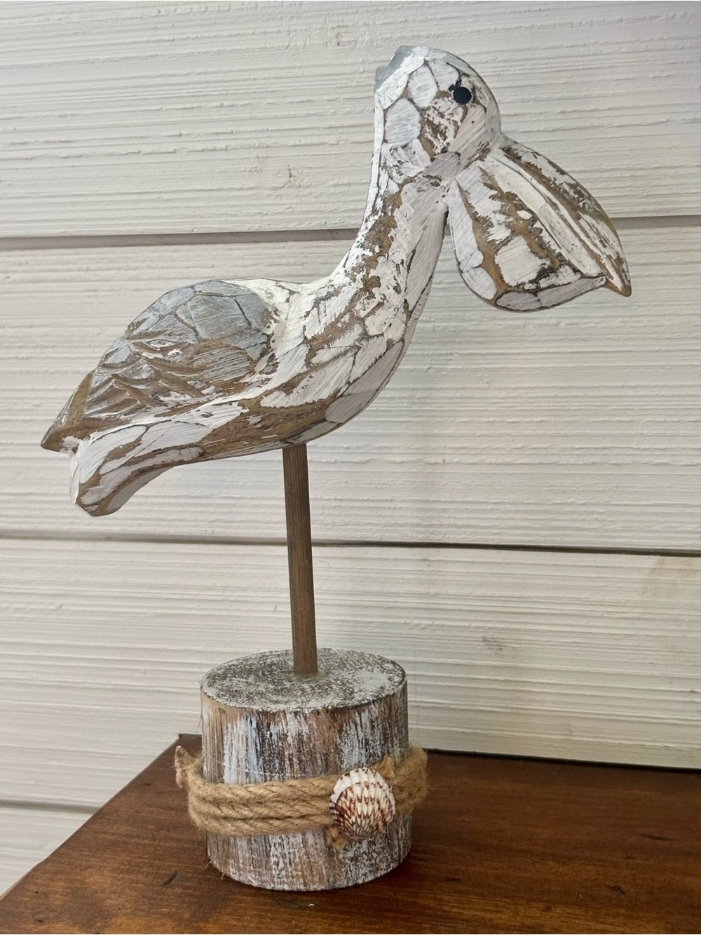 Rustic Whitewashed Wooden Pelican Figurine On Log Base Coastal Beach Decor